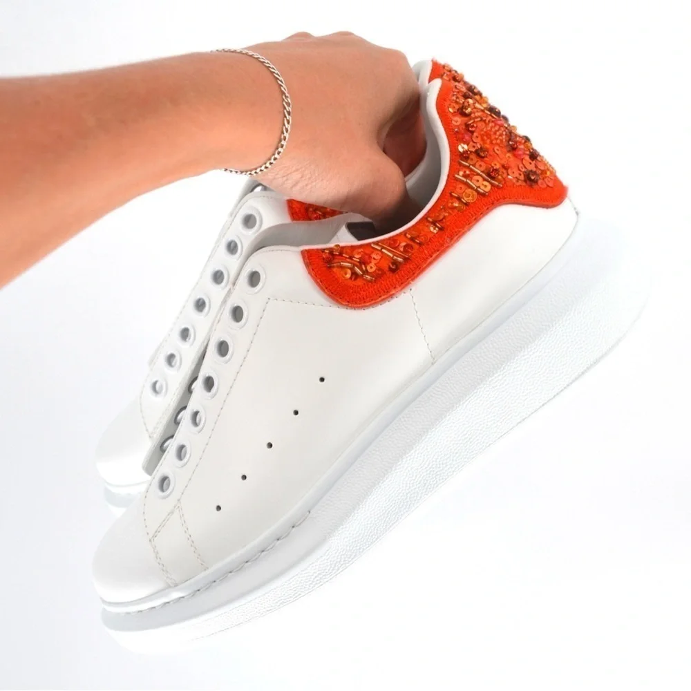 NEW Alexander Mcqueen Oversized Sneakers Sequin Beads White Red Leather Size 37